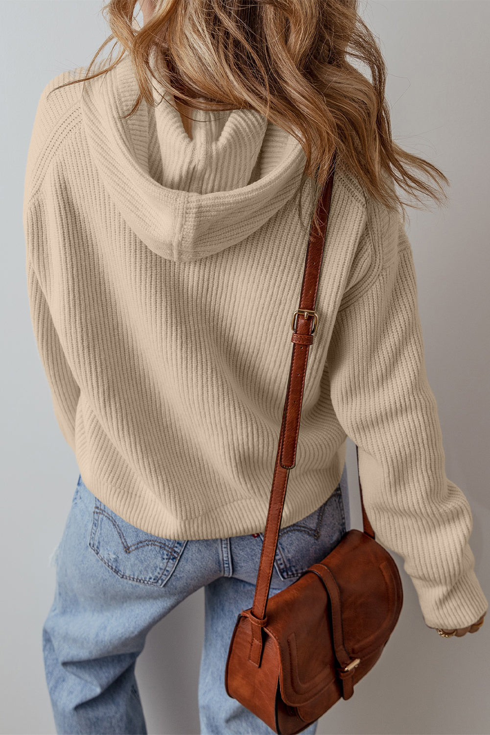 Beige Drawstring Hooded Pullover Sweater LT