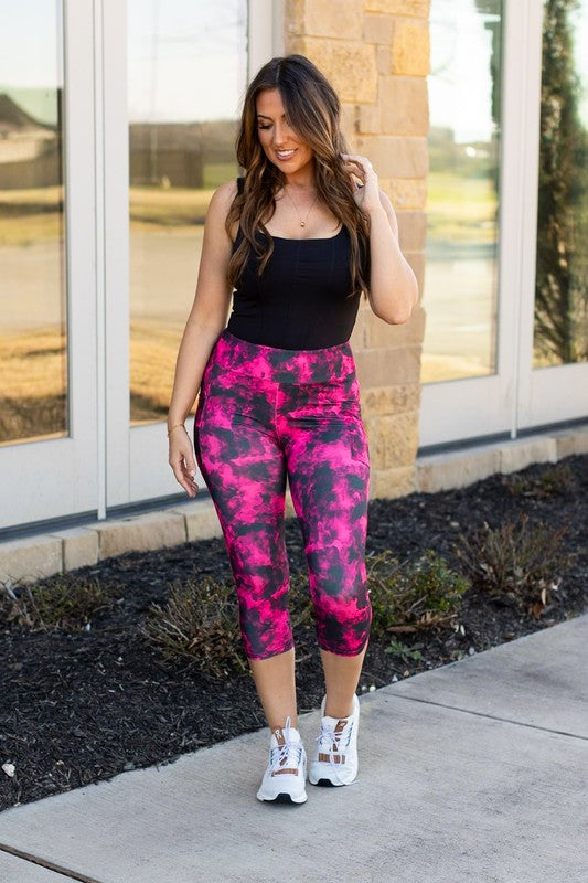 Pink and Black Tie Dye CAPRI with POCKETS