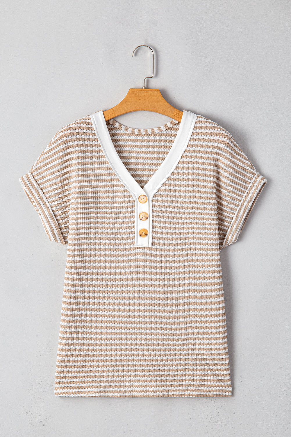 Khaki Striped Buttoned V Neck Top RTS