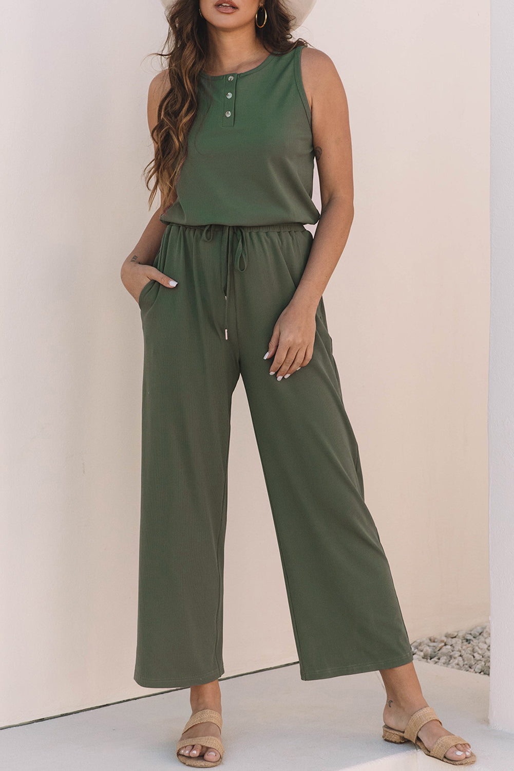 Green Buttoned Wide Leg Jumpsuit LT