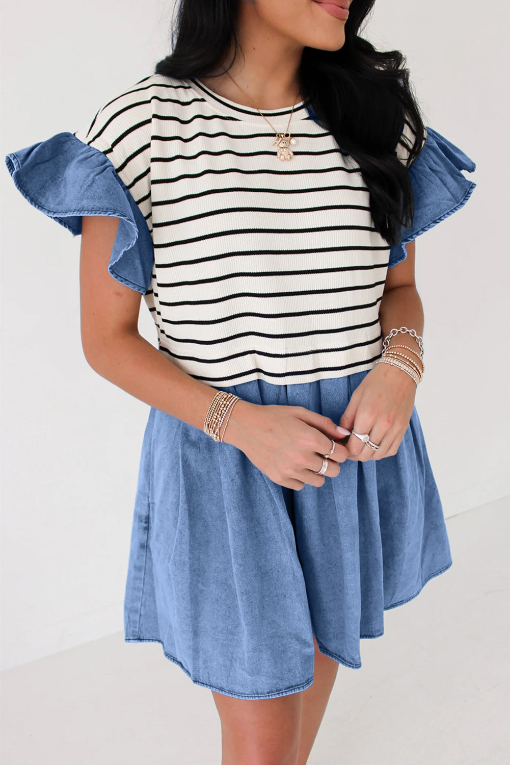 Black Stripe Ruffle Denim Mini Dress LT