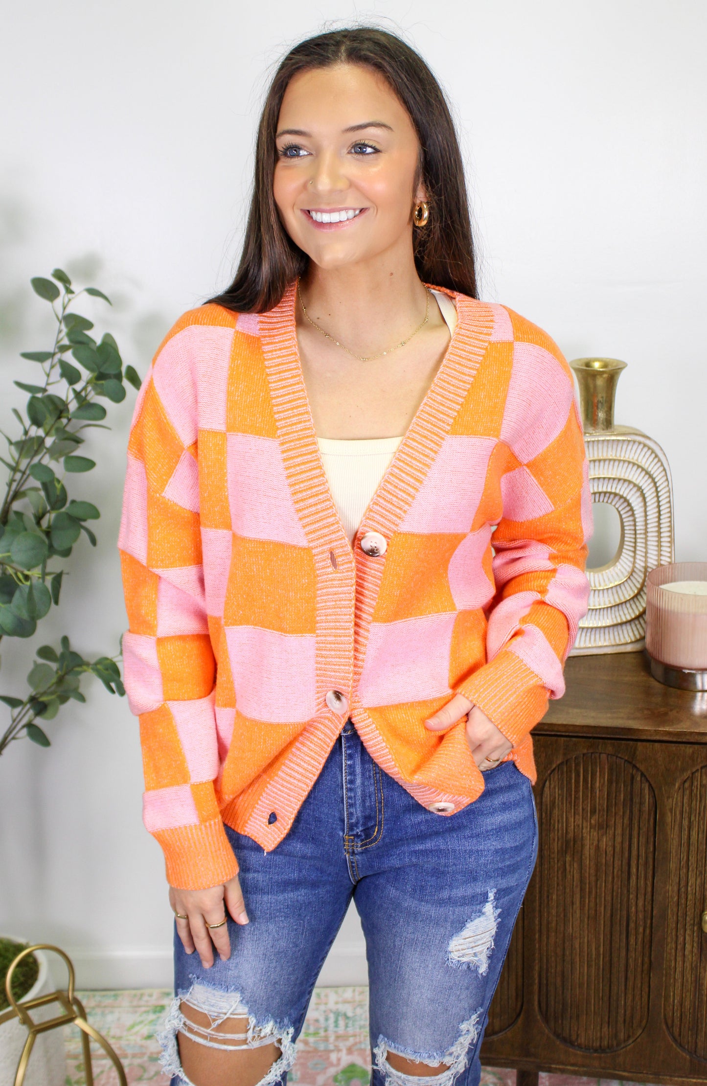 Orange Checkered Cardigan LT