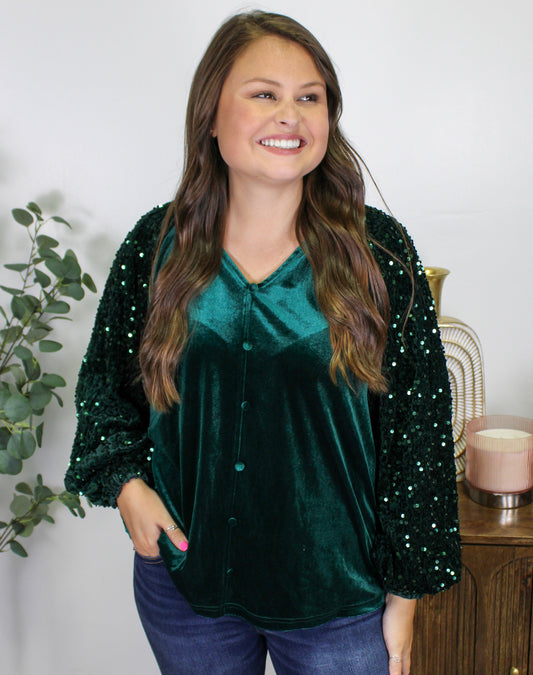 Green Sequin Velvet Blouse LT