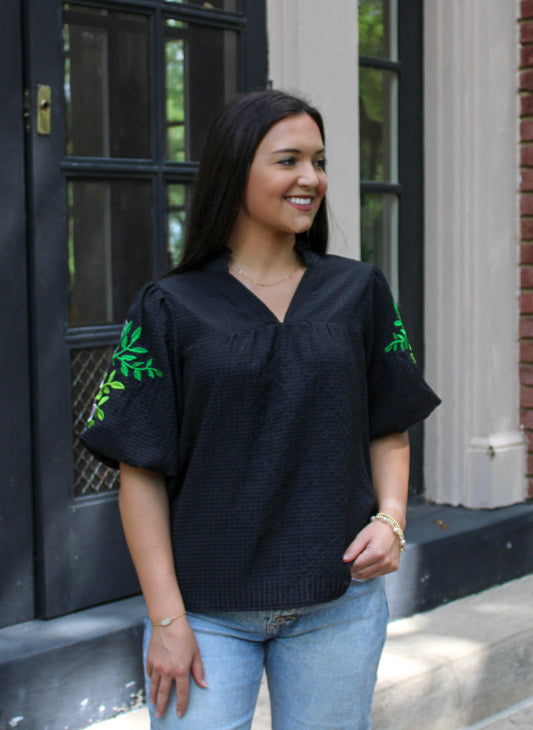 Black Embroidered Puff Sleeve Top LT