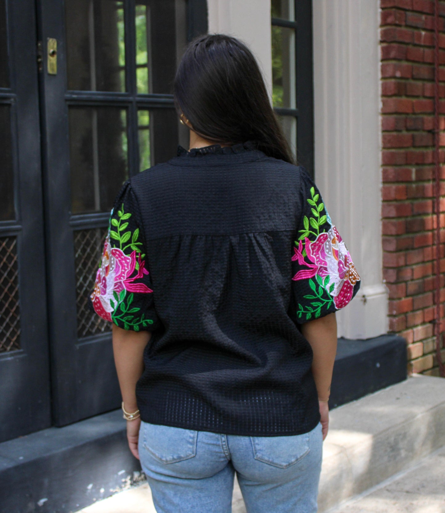 Black Embroidered Puff Sleeve Top LT