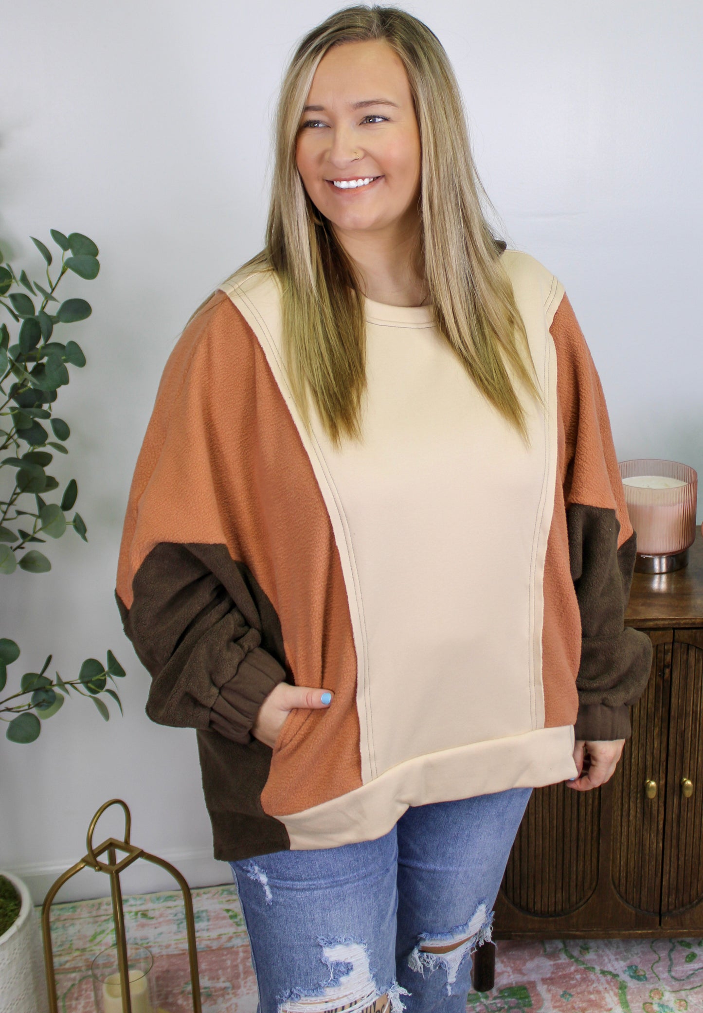 Brown Colorblock Plus Size Hoodie LT