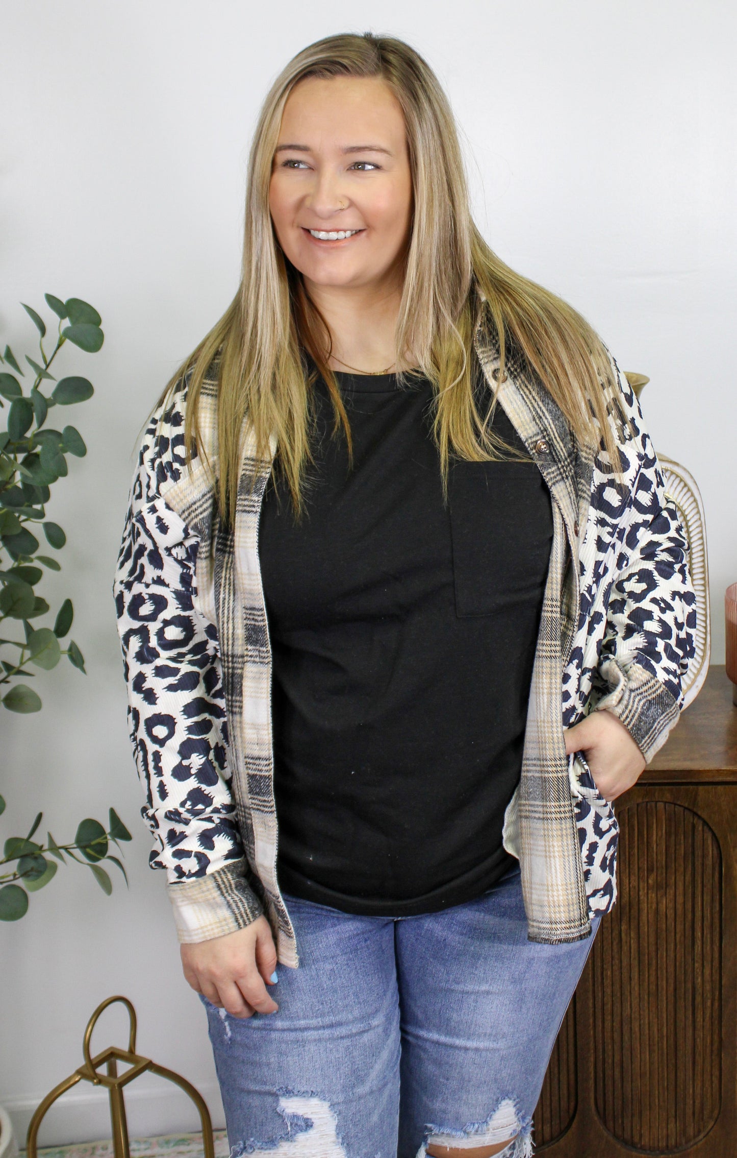 Black Plaid Leopard Plus Size Flannel LT