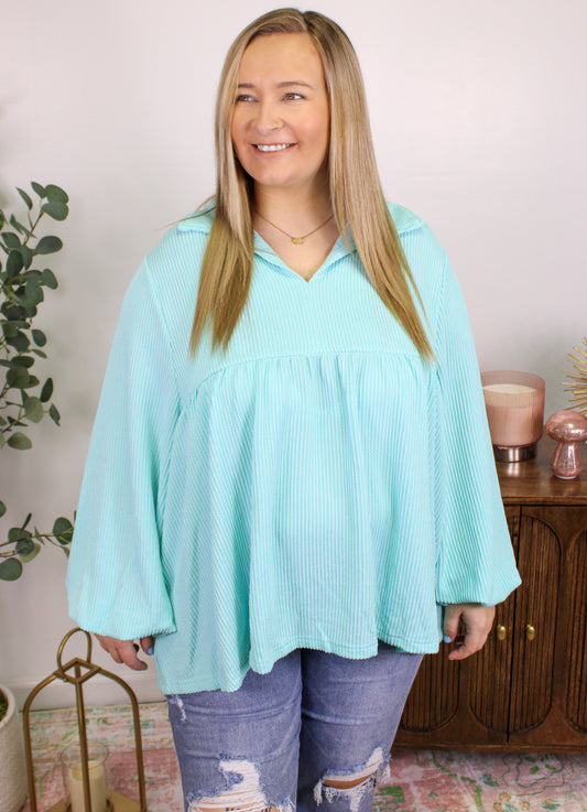 Blue Babydoll Corded Plus Size Blouse LT