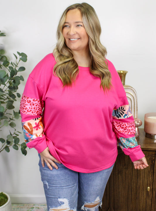 Pink Patchwork Floral Plus Size Pullover LT