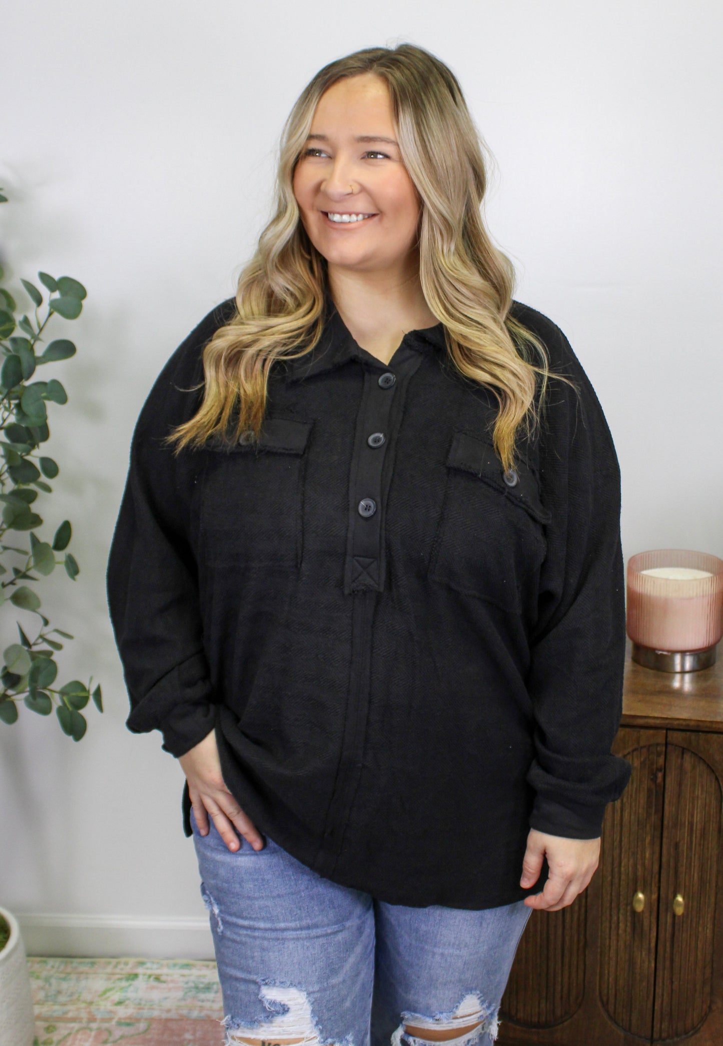 Black Plus Size Henley LT