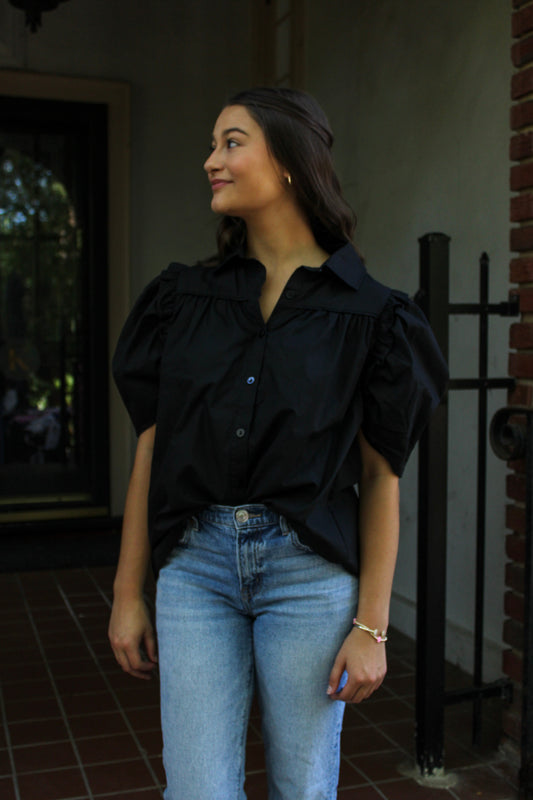 Black Puff Sleeve Button Up LT