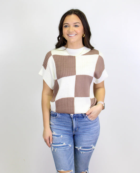 Brown Checkered Short Sleeve Sweater LT