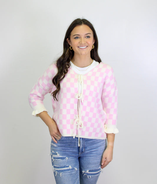 Light Pink Checkered Tie Cardigan LT