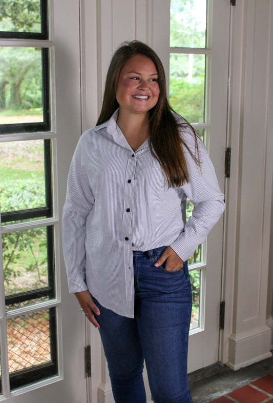 Black Striped Boyfriend Button Up LT