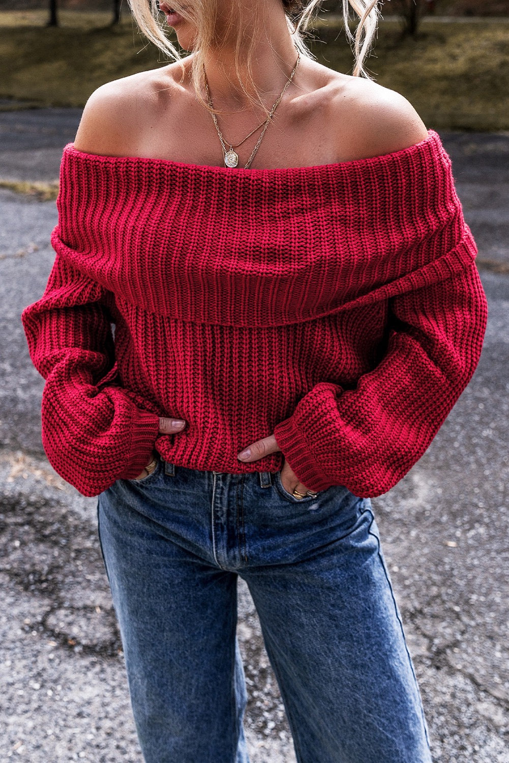 Red Off the Shoulder Sweater LT