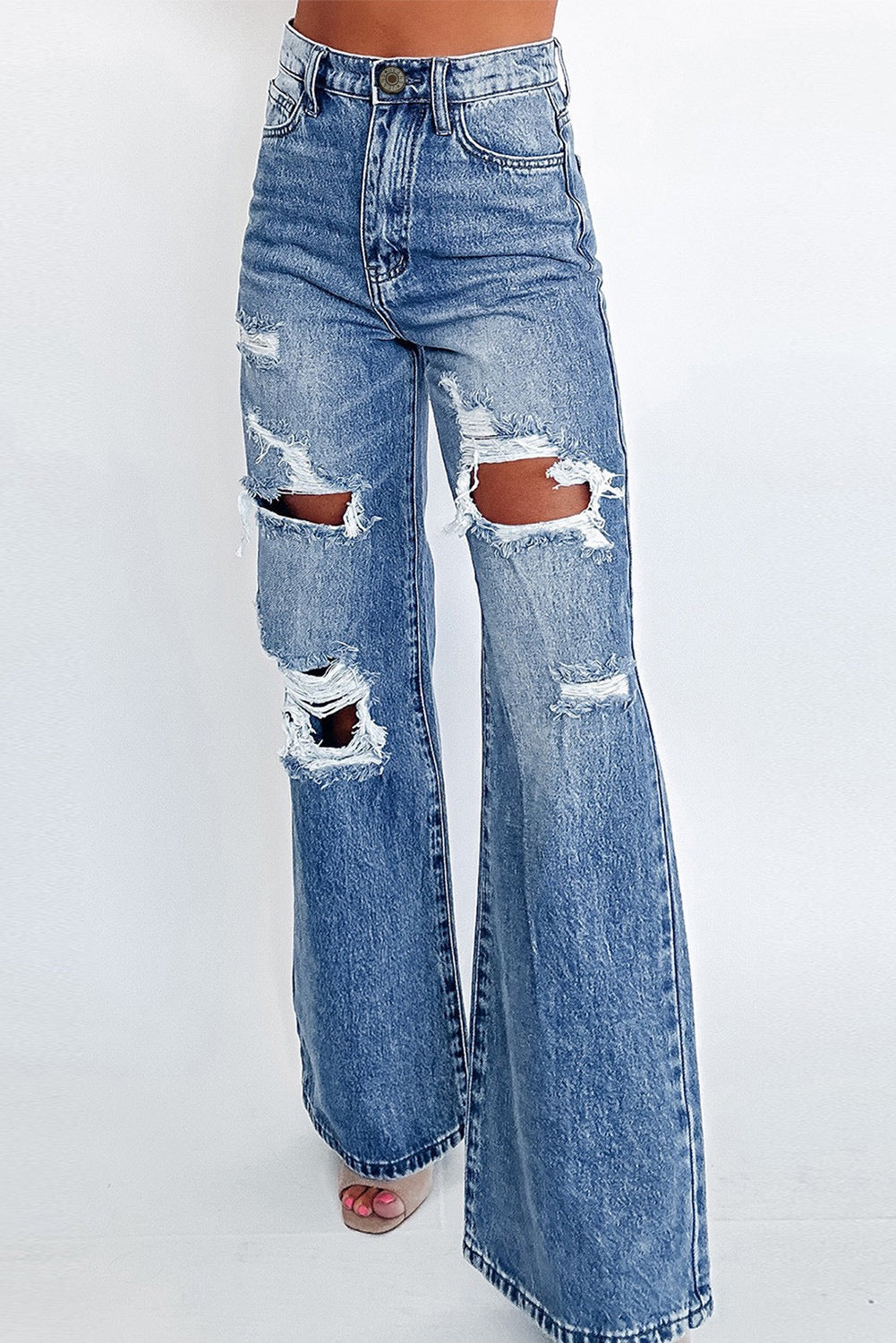 Blue Distressed Wide Leg Jeans LT