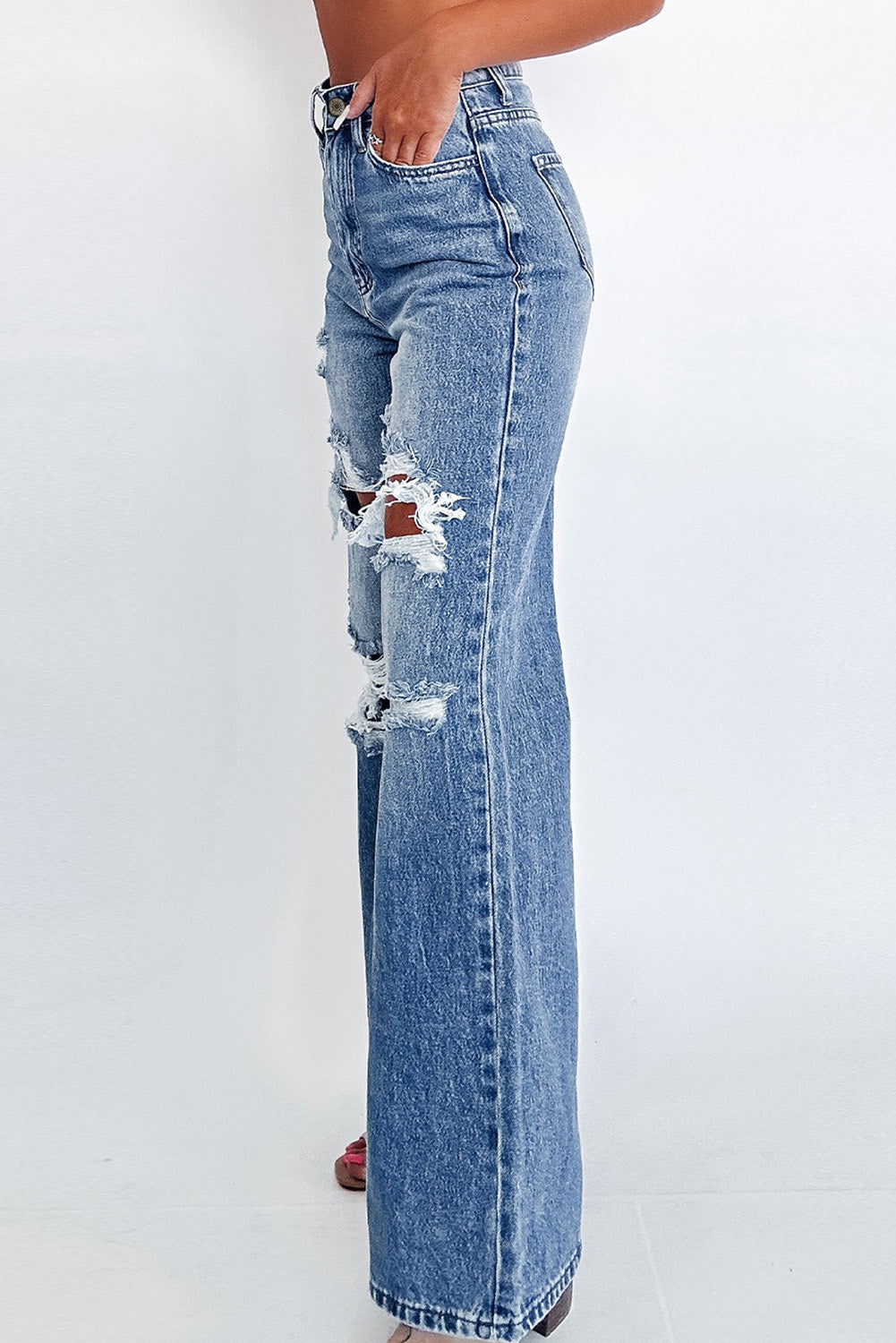 Blue Distressed Wide Leg Jeans LT