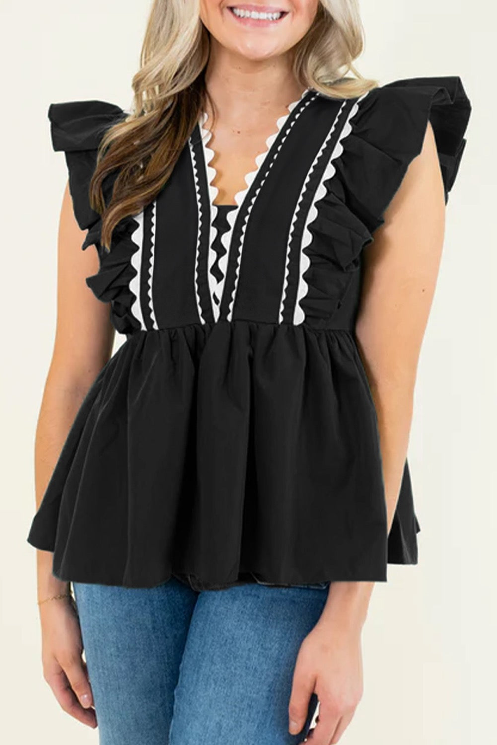 Black Contrast RicRac Blouse LT