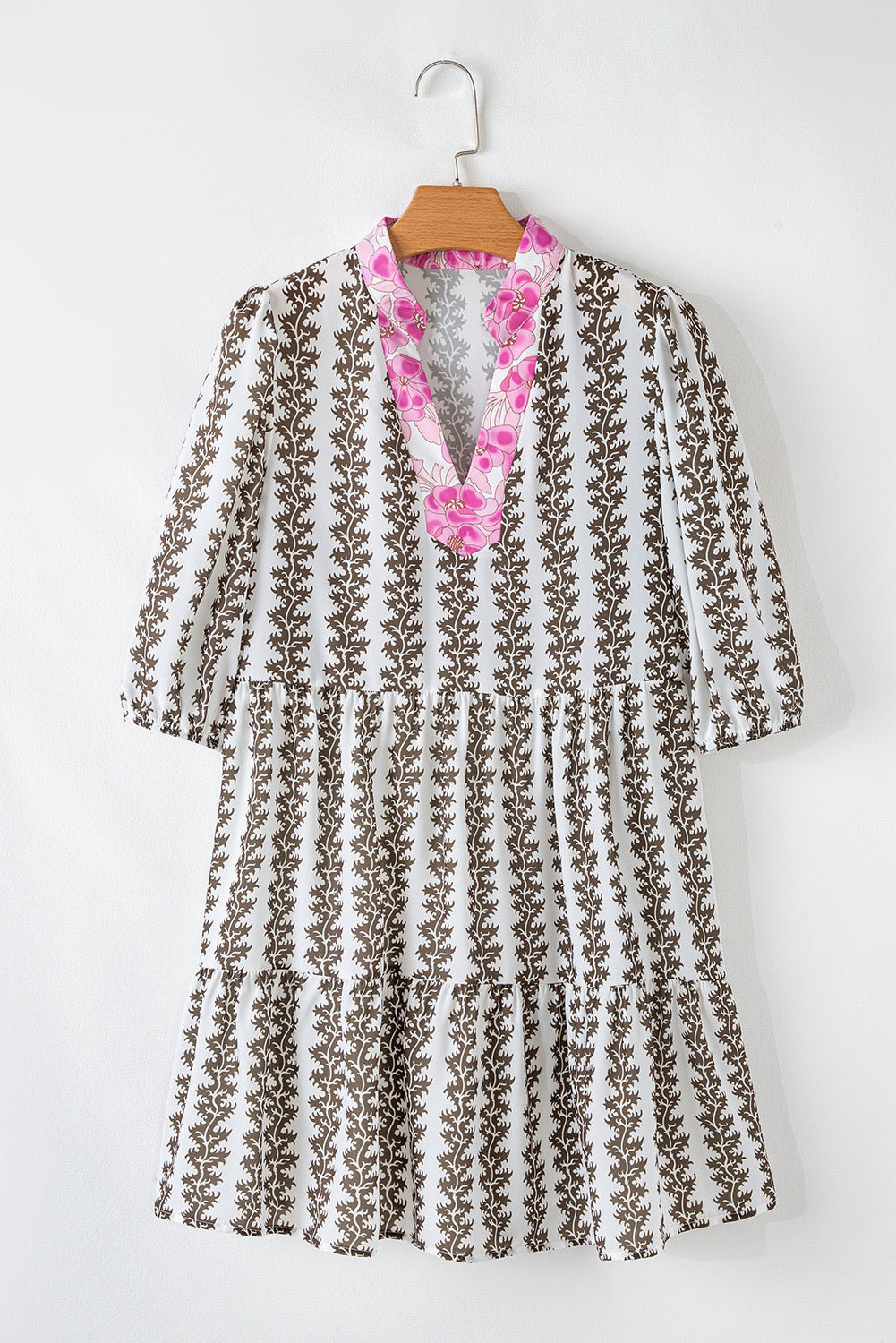 White Abstract Brown Print Dress LT