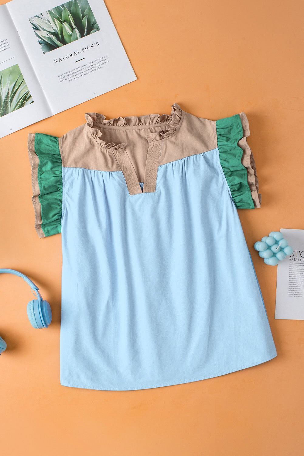 Blue Ruffle Sleeve Blouse LT