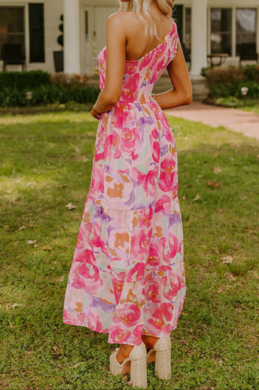 Pink Abstract Floral One Shoulder Maxi March.