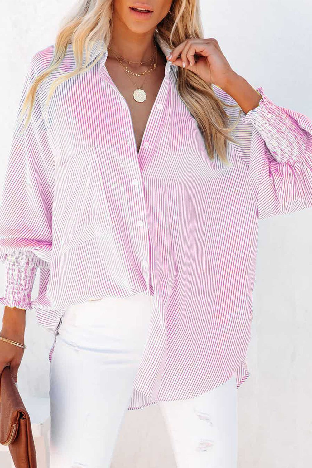 Pink Smocked Boyfriend Shirt LT