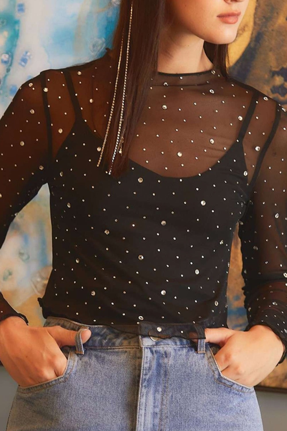 Black Rhinestone Mesh Top LT