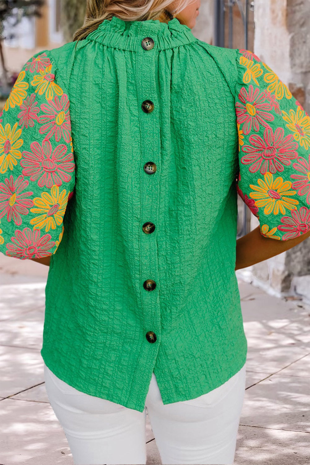 Green Embroidered Puff Sleeve Blouse LT