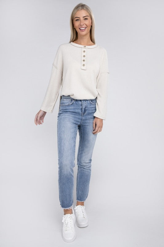 Ribbed Brushed Melange Hacci Henley Sweater