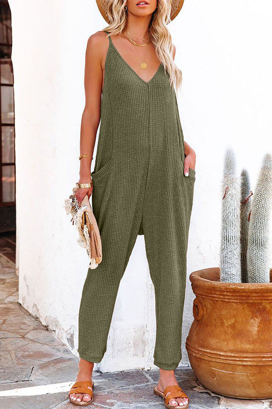 Green Textured Sleeveless Jumpsuit RTS