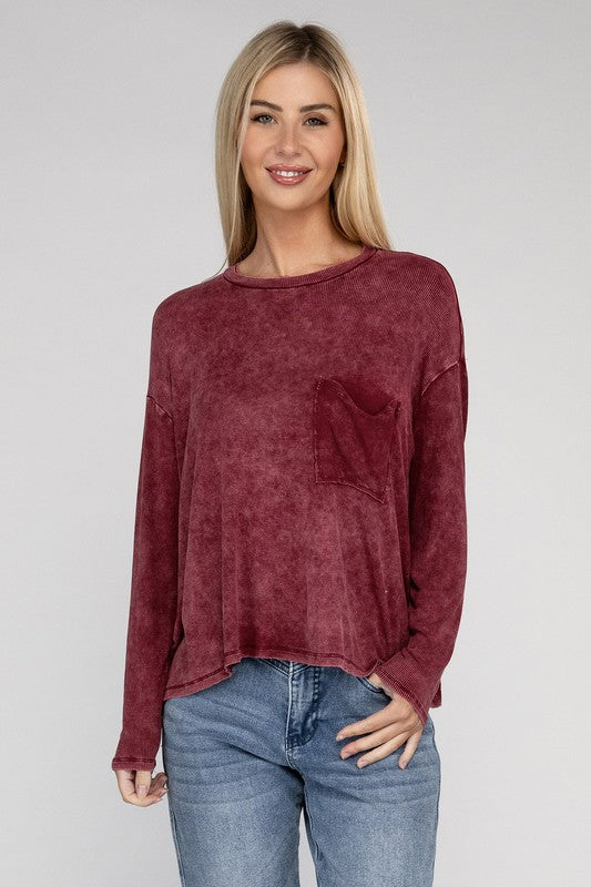 Washed Ribbed Dolman Sleeve Round Neck Top