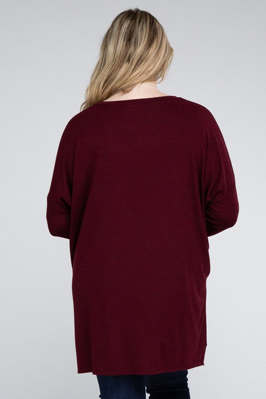 Plus Dolman Sleeve V-Neck Side Slit Hi-Low Hem Top