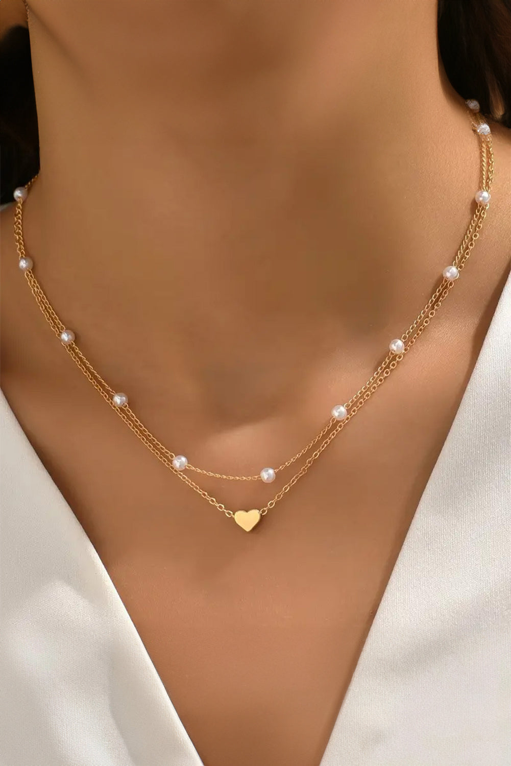 Gold Plated Heart And Pearl Layered Necklace LT