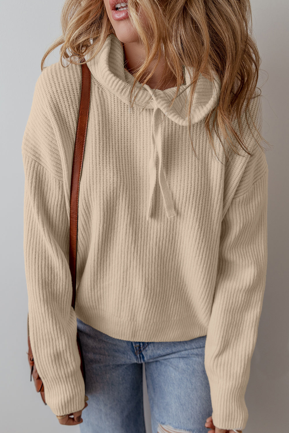 Beige Drawstring Hooded Pullover Sweater LT